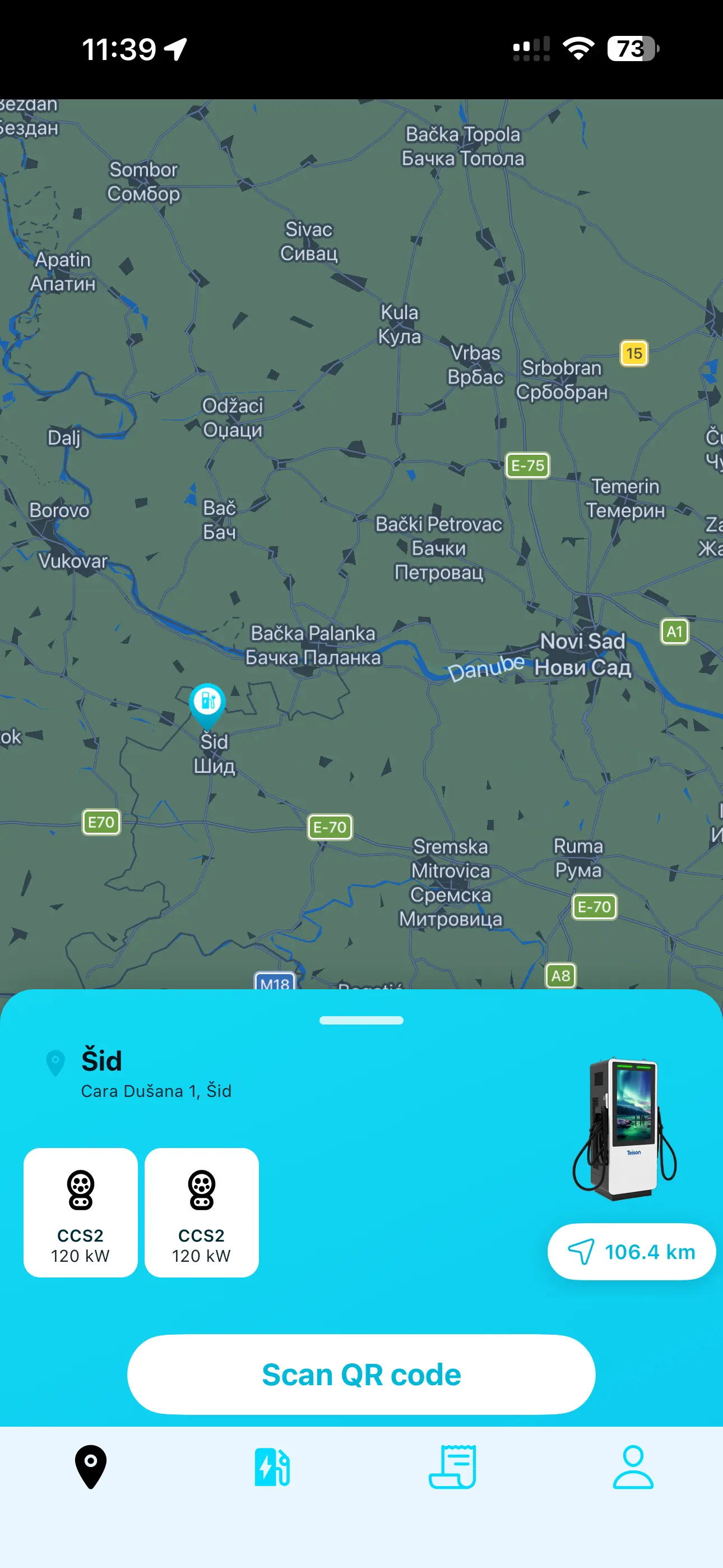 YESLA charger location screen